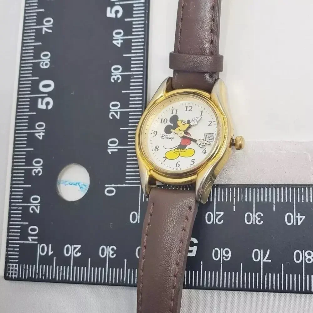 Disney Mickey Mouse Gold Toned Analog Watch Ladies Brown Leather
